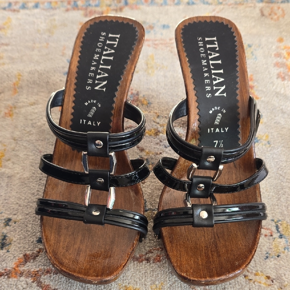 Italian Shoemakers Black Strappy Heel Sandals Womens 7.5 38 Slip On